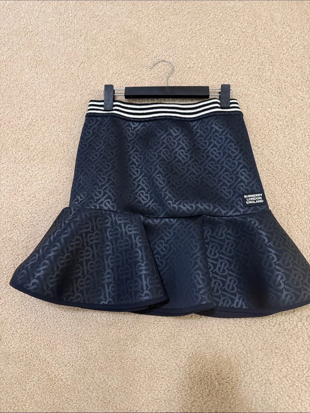 New! Burberry Balck Monogram Ruffled Hem Skirt with Striped Waistband - 14y - Picture 1 of 5